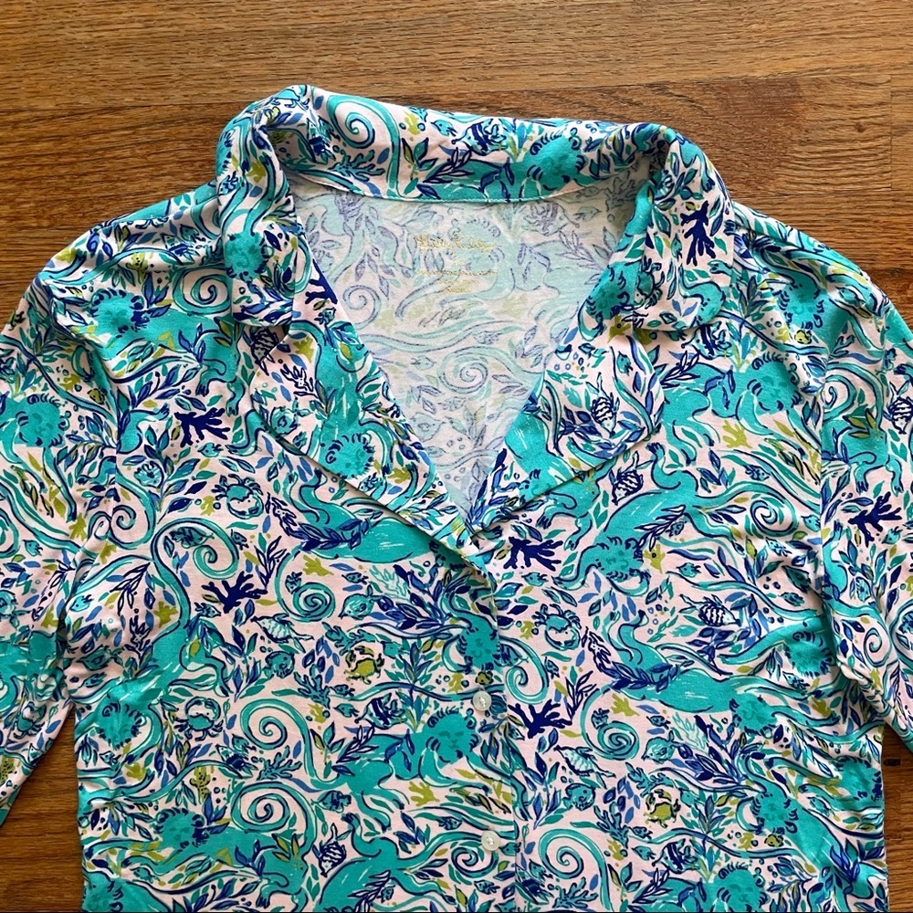 Lilly Pulitzer Ruffle PJ Button Up Top Melon Fig Tint Monkey Sea Pajama Top XS - Picture 4 of 16